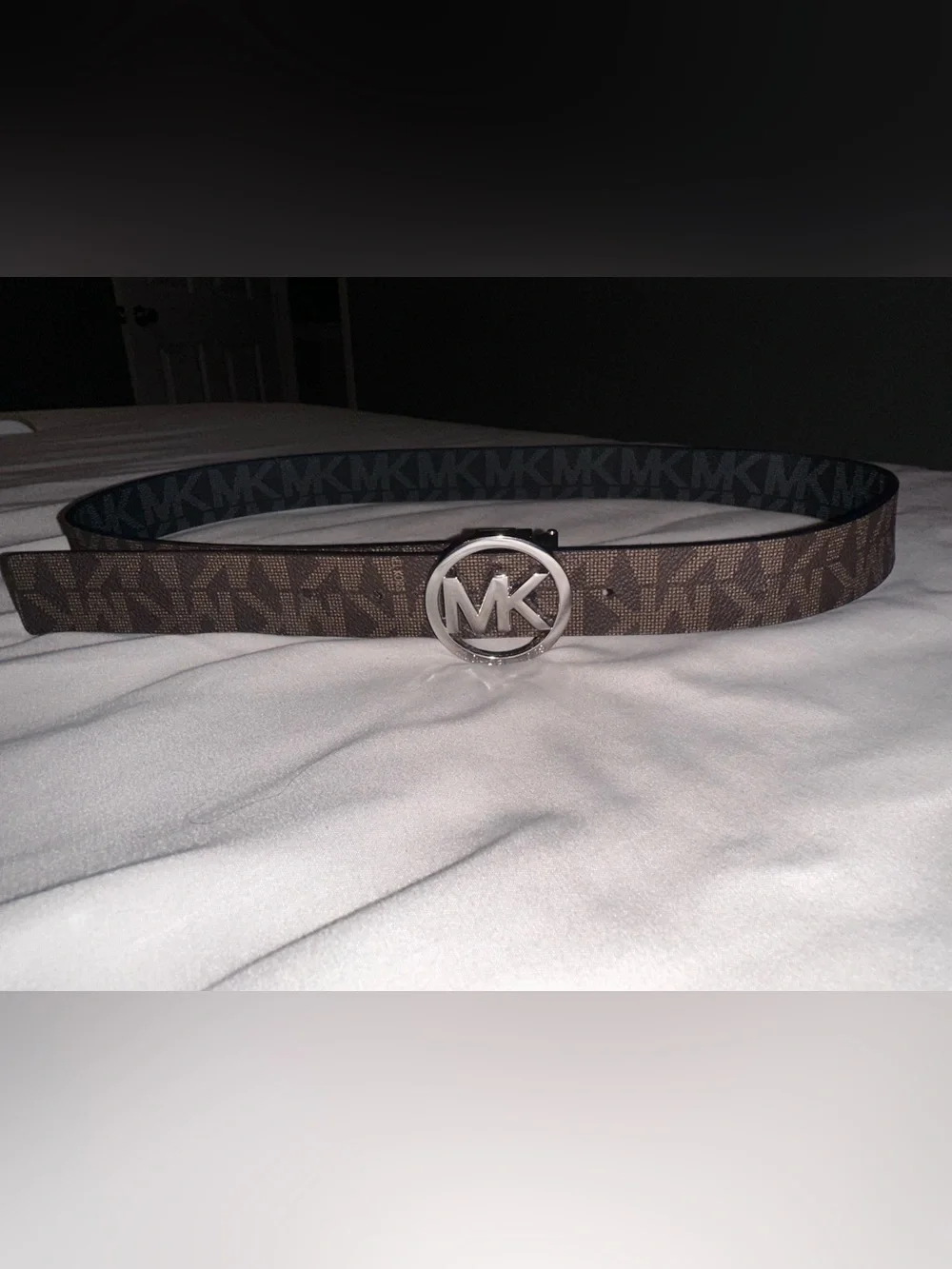 Michael Kors Black Signature Logo Belt with Silver MK Round Buckle